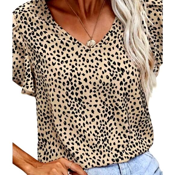 Shein Women's Small Tan Black Leopard V-Neck Petal Short Sleeve Top - Picture 4 of 6